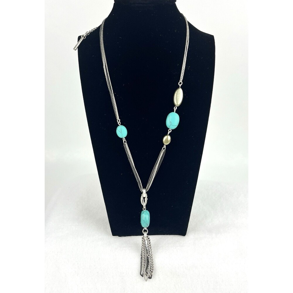 Kenneth Cole Multi-strand Necklace Lariat Y Drop Tassel Silver tone blue beads